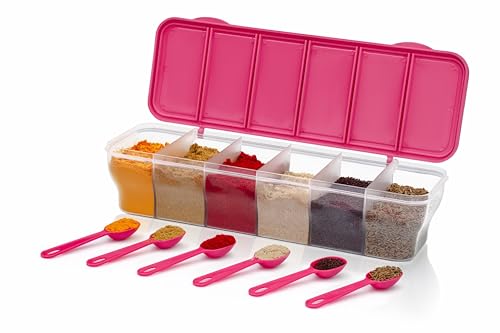 Image of RILION Multipurpose 6-in-1 Masala Box for Kitchen| Airtight BPA-Free Plastic 6 Section Storage Container with 6 Spoons, 1800 ml Transparent Pickle Box for Spices| Dry Fruits, Snacks Pack Of 1 Pink