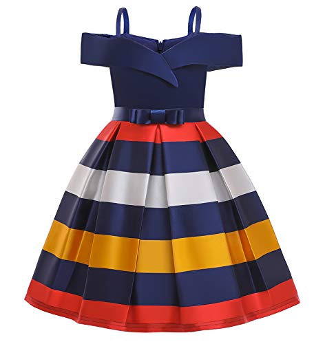 NSSMWTTC Girls Off Shoulder Dress Kids Christmas Sunday Halloween Baptism Christening Striped Dresses (Navy,140)