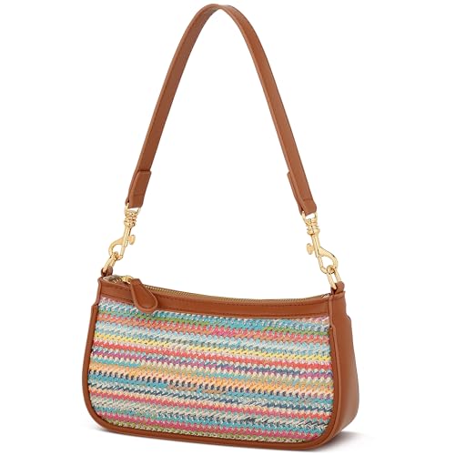 KKXIU Straw Shoulder Bag for Women - Small Woven Purse for Summer Beach Mini Handbag with Removable Strap Boho Crossbody Bag (Straw Rainbow)