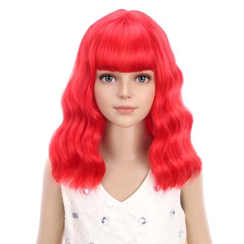 Image of PATTNIUM Kids Red Wig Short Wavy Red Wig with Bangs Red Wigs for Girls Heat Resistant Synthetic Hair Children Wigs (Red)