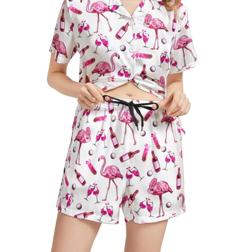 Image of Silk Satin Pajama Set for Women Summer Lounge Pjs Sets 2 Piece Suit Ladies Button Down Tops And Shorts Sleepwear