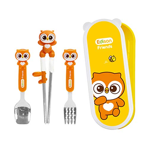 Edison Friends Owl Stainless Steel Chopsticks, Spoon, Fork and Case 4 Set - Right Handed, Yellow, Owl, Set of 4 pcs (Olly), Made in Korea