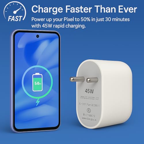Image of Google 45W GaN Type C Fast Charger Adapter Compatible with Pixel 10 /10 Pro /10 Pro XL /10 Pro Fold /9 Pro XL /9 Pro /9 Pro Fold Series /Chromebook & More, 45 w USB C Quick Rapid Charge for Phones, White