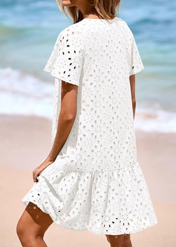 KIRUNDO Summer Dresses for Women 2025 Eyelet Button Down V Neck Short Sleeve Hollow Out A Line Loose Mini Babydoll Dress2