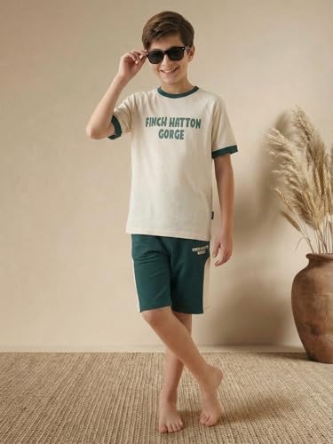 Image of Li'l Tomatoes Boys 100% Cotton Night Suit Set | Half Sleeve T-Shirt & Shorts | Color Block & Typography Print | Soft & Breathable Sleepwear | Casual Summer Wear | 9-16 Years