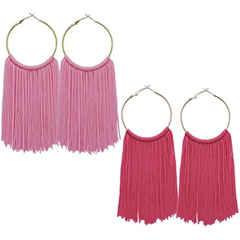 Coiris Boho Tassel Earrings for Women Bohemian Hoop Drop Tassels Western Earrings Dangle Country Earrings Summer Beach Long Tassels Earrings for Women(ER1083-pink+hot pink) Cover