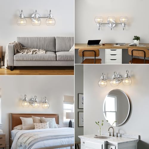 Image of Bathroom Light Fixtures Polished Chrome 3 Light Vanity Light Wall Sconces Lighting with Clear Globe Glass Shades Bath Wall Mount Lamp for Mirror Kitchen Porch Living Room Bedroom Hallway(E26)