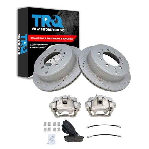 Image of TRQ Performance Rear Brake Pad and Rotor Set Ceramic Slotted Drilled Coated Rotors Calipers Compatible with 2013-2015 Lexus LX570 2013-2015 Toyota Land Cruiser