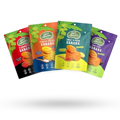 Image of Super Munchies Bold Bites Banana Chips Combo | Flaming Hot, Salted, Thai Chili, Sweet & Sour | Vegan, Gluten Free, No Palm Oil, No Preservatives, No Artificial Colors, Zero Trans Fat, No Cholesterol (Pack of 8)