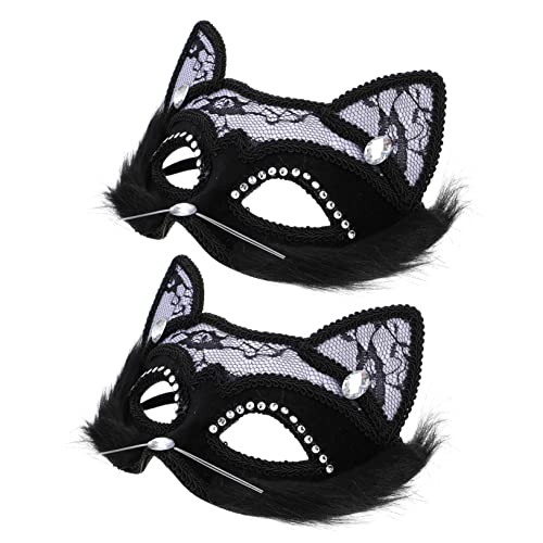 VALICLUD 2pcs Elegant Vintage Lace Cat Face Masks Halloween Party Masks Rhinestone Embellished for Cosplay Theme Parties and Fashion Shows