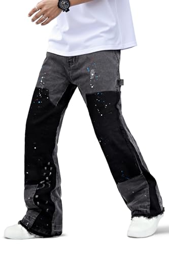 GINGTTO Mens Flared Jeans Streetwear Stretch Slim Fit Carpenter Denim Pants for Men Contrast Painted Design Grey 32