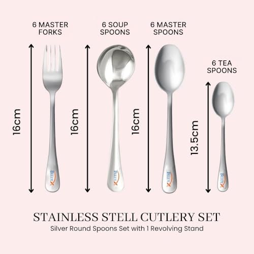 Image of Premium Stainless Steel Cutlery Set - Set of 24 (6 Dinner Spoons, 6 Dinner Forks, 6 Tea Spoons, 6 Soup Spoons, 1 Stand) | Silver Round Spoons Set Cutlery Set for Dining Table