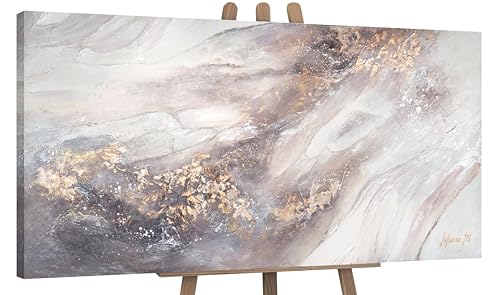 YS-Art Pittura acrilica su tela Rilassarsi Soggiorno arte astratta moderna testuale in grigio-beige con oro Dipinta a mano Arte murale 120x60 cm