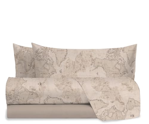 hermet Set Lenzuola Letto Matrimoniale In 100% Cotone Fantasia, Completo Letto 2 Piazze, Lenzuolo da Sopra + Lenzuolo con Angoli +2 Federe, Flavia Tortora