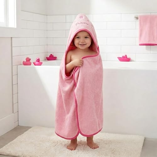 Image of EVERYDAY KIDS Hooded Baby Toddler Bath Towel for Girls - 3D Pink Princess Towel with Crown; Soft and Absorbent Terry Cloth Hooded Towel for Young Kids; Baby Girl Bath Essential