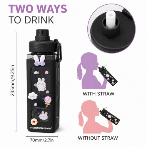 Image of Kawaii Water Bottle for Girls with Straw & Movable Handle | Cute Plastic Bottle with 2D & 3D Stickers | Stylish School & Travel Bottle for Kids (750 ml) (Black)