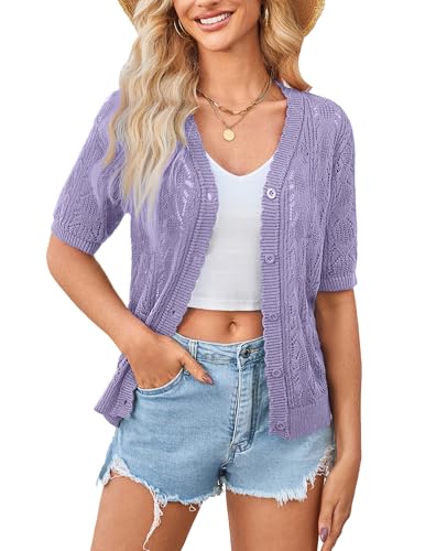 Image of Yekaty Womens 2026 Short Sleeve Crochet Summer Cardigan Cropped Button Sweater Lightweight Shrug for Dress