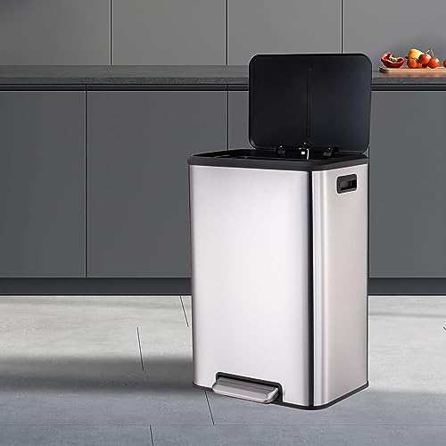 Image of GAOMON 30 Liter /8 Gallon Trash Can, Rectangular Hands-Free Dual Compartment Recycling Kitchen Step Trash Can with Soft-Close Lid, Stainless Steel Garbage Can with 2 x 15L Inner Buckets, Silver