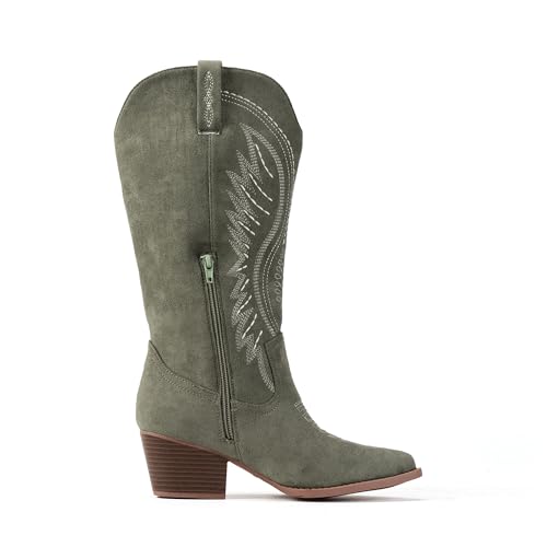 Image of Women's Western Cowboy Boots - Embroidered Ankle Booties with Chunky Block Heel, Side Zipper Suede Cowgirl Boots for Country Concert