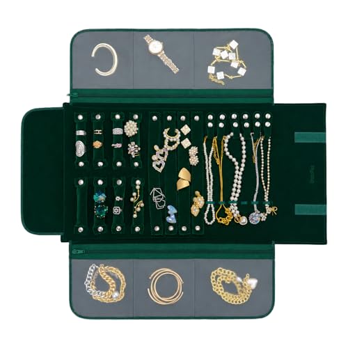 Image of UnionPlus Velvet Jewelry Roll Organizer, Travel Jewelry Case with Multiple Compartments for Rings Earrings Necklaces Bracelets, Compact Portable Jewelry Storage