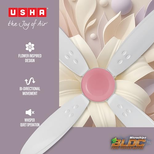 Image of USHA Bloom Lily Nova 4-Blade BLDC Ceiling Fan |100% Copper Motor |Bi-Directiona|RF Remote |Sleep, Boost & Timer Mode |Whisper-Quiet |Dust-Resistant |3Y Motor & 2Y PCB Warranty | White & Light Pink