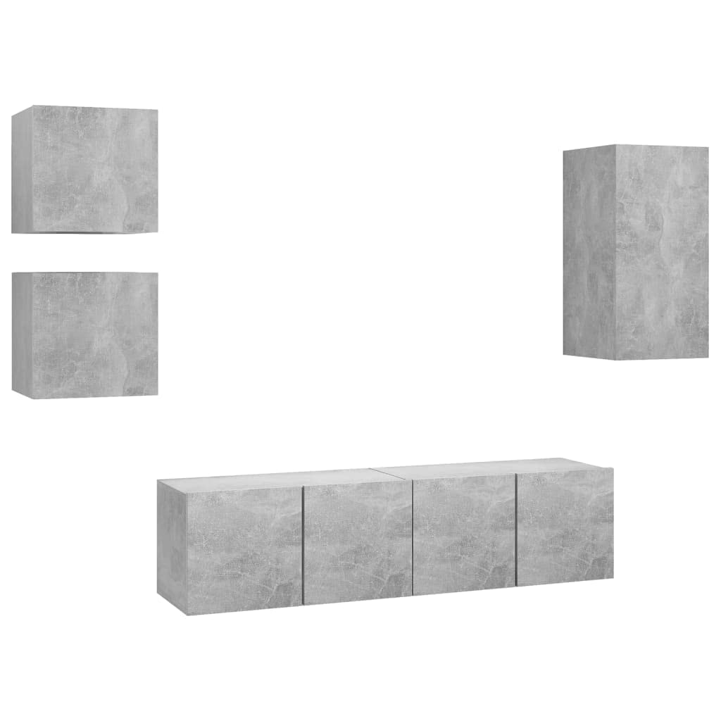 TV-Möbel-Set, 5-teilig, Grau, Beton, Holz, mehrschichtig