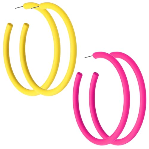 2 Pairs Neon Hoop Earrings, 80s 90s Earrings for Women Retro Candy Color Large Hoop Earrings Lightweight Dangle Earrings for 80s Costume Party Accessories (Yellow and Hot Pink)