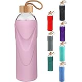 FCSDETAIL Botella de Agua de Cristal sin BPA, Botella de Agua de Vidrio de Borosilicato con Funda de Silicona y Tapa a Prueba de Fugas 420ml / 660ml / 1000ml