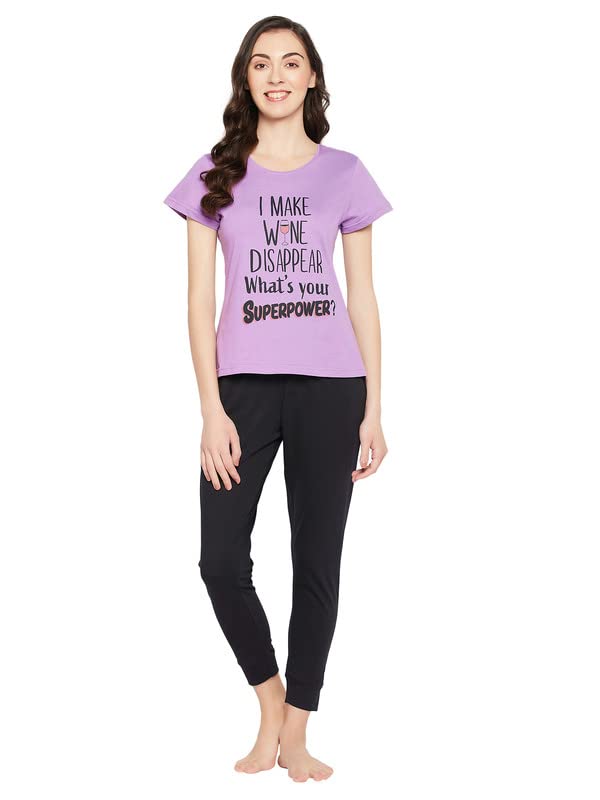 Image of Clovia Women's Cotton Text & Graphic Print Relaxed Top & Solid Jogger Pyjama Set