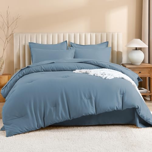 Image of Litanika Comforter Queen Size Set Grayish Blue - 7 Pieces Bed in a Bag Queen Bedding Comforter Sets, Plain Lightweight Bed Set with Comforter, Sheets, Pillowcases & Shams