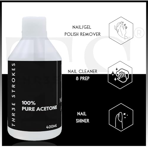 Image of THR3E STROKES Acetone | Clear | NOT FOR MEDICAL USE | Nail Polish Remover | Nail Colour Remover | A++ Grade,400ML (PLUS EMPTY ACETONE BOTTLE)