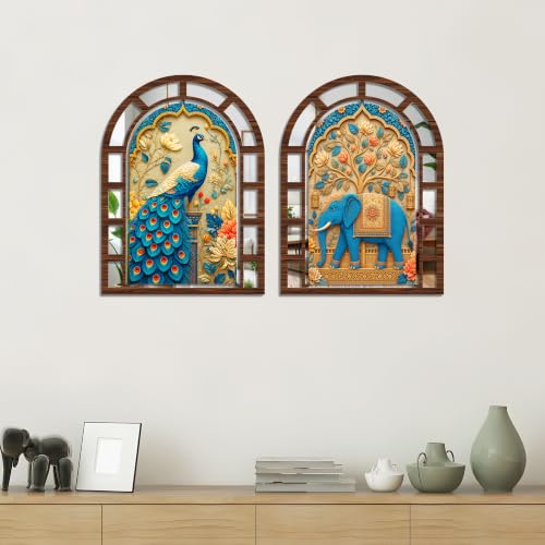 Image of Artvibes Peacock & Royal Elephant Theme Wall Art Decor | Decorative Wall Jharokha Mirror for Living Room, Hall, Bedroom, Foyer, Office & Dining Room | Gift for Mom & Dad (WH 12035N), Set of 2
