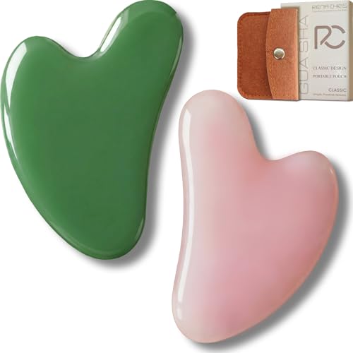 Image of Rena Chris 2PCS Gua Sha Facial Tools: Jade Stone Guasha Tool for Face Acupuncture Therapy, Facial Massager for Jawline Sculpting and Puffiness Reducing (Green & Pink)