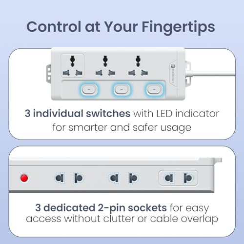 Image of Portronics Power Plate 10 Pro, 6-in-1 Power Extender with 2500W Output, Universal Sockets x3, Side 2-Pin Sockets x3, Individual Switches with LED, 2M Long Cord, Overload Protection, Wall Mount Design
