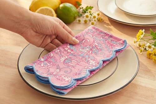 Image of PurpleEssences Scalloped Cloth Napkins 18x18 in - BlushPink Edge Light Blue