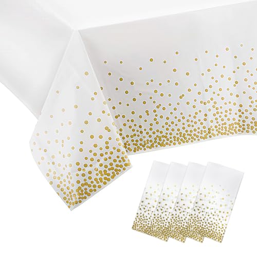 Pmueuff 4 Piezas Mantel Desechable, 137 x 274 cm Mantel Blanco de Plástico con Lunares Dorados Mantels Rectangular Impermeable Manteles Desechables para Fiestas, Cumpleaños, Aniversario, Bodas