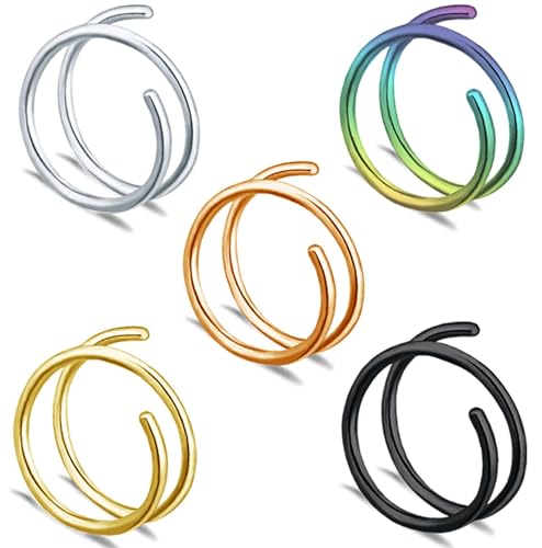 Double Nose Ring 20G 5 pcs Double Nose Ring for Single Piercing Double Hoop Nose Ring Hoop Nose Ring Right Left Surgical Steel Spiral Nose Ring for Women Men (20g 5 pcs right)