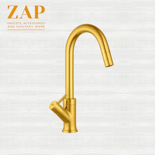 Image of ZAP Gold Elixir Series Swan Neck Kitchen Sink Tap | 360 Swivel Spout | Premium Brass Pillar Tap for Sink & Wash Basin
