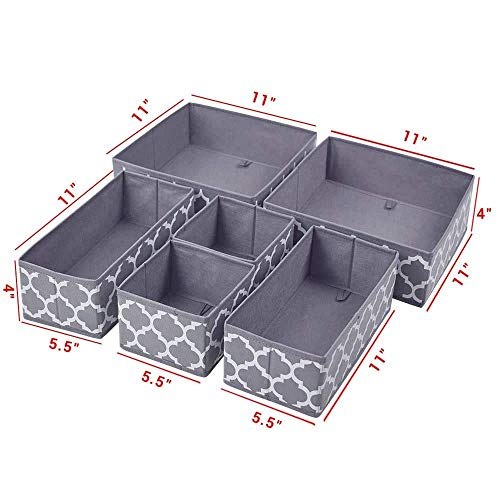 Image of Foldable Set of 6 Cloth Storage Box Closet Dresser Drawer Organizer Cube Basket Bins Containers Divider with Drawers for Underwear, Bras, Socks, Ties, Scarves (Set of 6 - White Grey Wave)