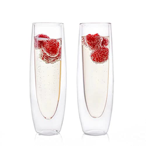 2pcs Double Wall Glass Champagne Glasses, Elegant and Insulated Stemless Sparkling Wine Flutes for Party and Special Occasions150ml (16.3×4.8cm)