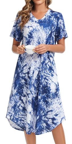 Image of Kabento Nightgowns for Women Cotton Short Sleeve Long Night Gowns with Pockets