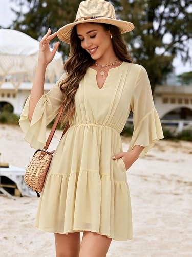 Image of Womens Spring Summer Mini Dress Western Ruffled Sleeve Chiffon V Neck Flowy A Line Short Wedding Guest Party Dresses