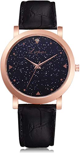 Damenuhr Quarz-Armbanduhr mit rundem Zifferblatt Sternenhimmel Muster mit Lederband für Elegante Frauen, Schwarz