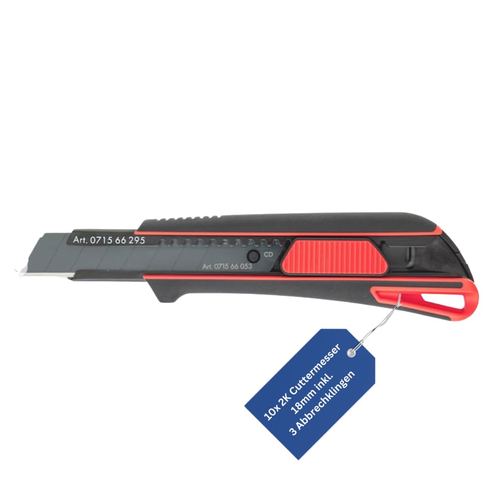 Würth 10er Pack 2K Cuttermesser 18mm inkl. 3 Abbrechklingen extrem scharf schwarz 071566295 Teppeichmesser Universalmesser Papiermesser
