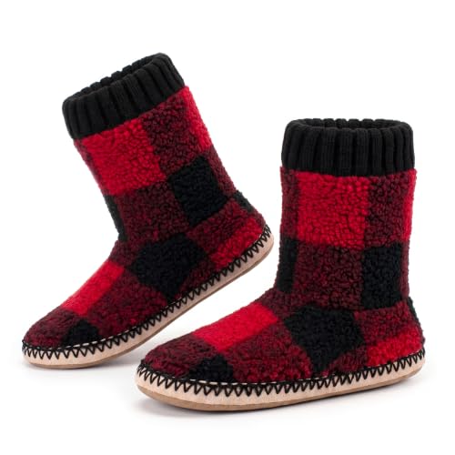 Image of cosyone1997 Boot Slippers for Men Indoor Non Slip Soft Sole | Textured knit upper, fuzzy lining, ankle-high coverage and cushioned insole for cold floors; machine washable