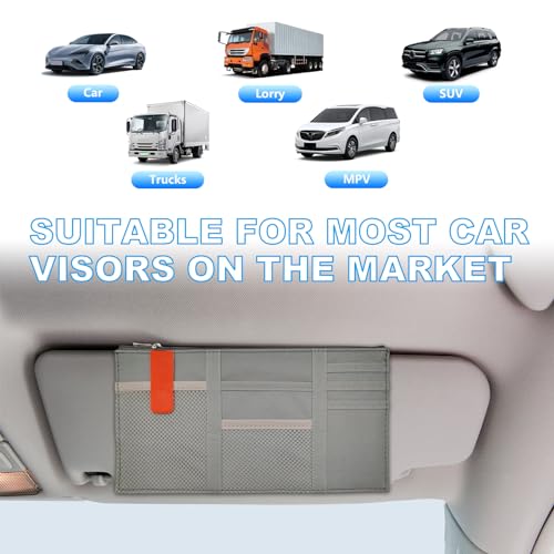 Image of Car Sun Visor Organizer, Auto Interior Visor Storage Pouch Holder with Zipper, Multi-Pocket Net Personal Belonging Organizer, Universal Car Accessory for Cards, Documents (Gray)