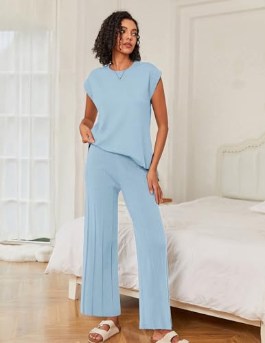Image of Ekouaer Lounge Sets for Women Two Piece Outfits Knit Cap Sleeve Tops Wide Leg Pleated Pants Casual Dressy Sweater Sets