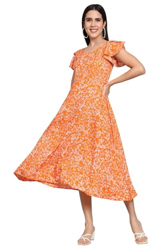 Image of Dream Beauty Fashion Women's Polyester Printed A-line Round Neck Bell Sleeve Knee-Long Dress (Elora-Dress-01)