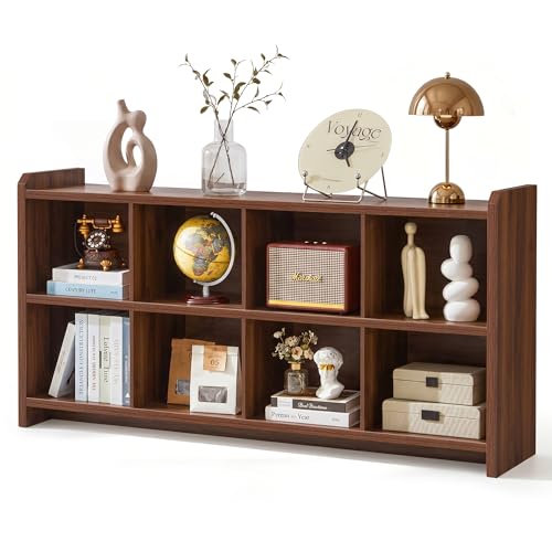 Janmer Home 8 Cube Storage Organizer Horizontal Bookshelf 63 Long TV Stand Console Table Modern Wooden Cubby Shelf with Anti-Tip Kit 200lbs Capacity for Living Room Bedroom Office Walnut
