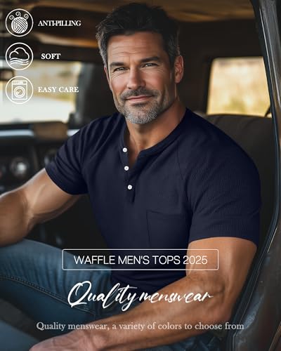 3 Pack Men's Waffle Knit Shirts Raglan Short Sleeve T Shirts with Pocket Casual Tops3